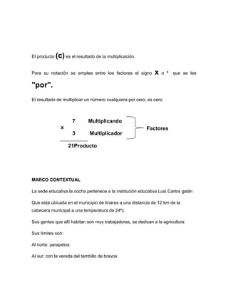 El producto   (c) es el resultado de la multiplicación.

Para su notación se emplea entre los factores el signo        x   o   ·   que se lee

"por".
El resultado de multiplicar un número cualquiera por cero, es cero.



                      7       Multiplicando
                x                                         Factores
                      3        Multiplicador

                    21Producto




MARCO CONTEXTUAL

La sede educativa la cocha pertenece a la institución educativa Luis Carlos galán

Que está ubicada en el municipio de linares a una distancia de 12 km de la
cabecera municipal a una temperatura de 24ºc

Sus gentes que allí habitan son muy trabajadoras, se dedican a la agricultura

Sus límites son:

Al norte: parapetos

Al sur: con la vereda del tambillo de bravos
 