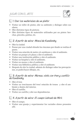 SEGUNDA PARTE: ACTIVIDADES 113
HABILIDADES DE PERCEPCIÓN
Oler
JUGAR CON EL ARTE
1. Oler los materiales de un pintor
•	 Visitar un taller de pintor, oler su ambiente y dialogar sobre sus
olores.
•	 Oler distintos tipos de pintura.
•	 Oler distintos tipos de materiales utilizados por un pintor: bro-
chas, pinceles, paletas, etc.
2. A partir de mirar Moscú de Kandinsky
•	 Oler la ciudad.
•	 Pasear por una ciudad oliendo los rincones por donde se realiza el
paseo.
•	 Visitar una estación de metro y/o autobuses y oler el ambiente.
•	 Visitar un parque y/o plaza y oler el ambiente.
•	 Visitar una institución pública y oler el ambiente.
•	 Visitar un hospital y oler el ambiente.
•	 Visitar un museo y oler el ambiente.
•	 Visitar una biblioteca pública y oler el ambiente.
•	 Después de oler la ciudad, además de dialogar sobre las percepcio-
nes, se podrá hacer dibujos, etc.
3. A partir de mirar Murnau, vista con tren y castillo
de Kandinsky
•	 Oler el tren
•	 Visitar un tren/museo del tren/ estación de trenes y oler el am-
biente y dentro del interior.
•	 Oler el castillo.
•	 Visitar un castillo y oler sus dependencias.
4. A partir de mirar El campo labrado de Miró
•	 Oler el campo.
•	 Visitar una granja y experimentar los variados olores presentes
allí.
 