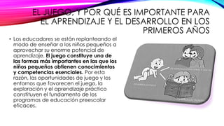 EL JUEGO, Y POR QUÉ ES IMPORTANTE PARA
EL APRENDIZAJE Y EL DESARROLLO EN LOS
PRIMEROS AÑOS
• Los educadores se están replanteando el
modo de enseñar a los niños pequeños a
aprovechar su enorme potencial de
aprendizaje. El juego constituye una de
las formas más importantes en las que los
niños pequeños obtienen conocimientos
y competencias esenciales. Por esta
razón, las oportunidades de juego y los
entornos que favorecen el juego, la
exploración y el aprendizaje práctico
constituyen el fundamento de los
programas de educación preescolar
eficaces.
 