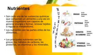 Nutrientes
• Son cada una de las sustancias químicas
  que componen un alimento y una vez en
  nuestro organismo son capaces de
  generar energía o formar, renovar tejidos
  o regular el metabolismo.
• Los nutrientes son las partes útiles de los
  alimentos.

• Los principales nutrientes son las
  grasas, los hidratos de carbono, las
  proteínas, las vitaminas y los minerales.
 