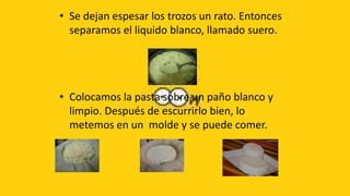 • Se dejan espesar los trozos un rato. Entonces
  separamos el liquido blanco, llamado suero.




• Colocamos la pasta sobre un paño blanco y
  limpio. Después de escurrirlo bien, lo
  metemos en un molde y se puede comer.
 
