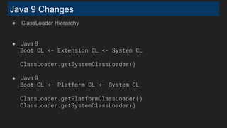 Java 9 Changes
● ClassLoader Hierarchy
● Java 8
Boot CL <- Extension CL <- System CL
ClassLoader.getSystemClassLoader()
● Java 9
Boot CL <- Platform CL <- System CL
ClassLoader.getPlatformClassLoader()
ClassLoader.getSystemClassLoader()
 