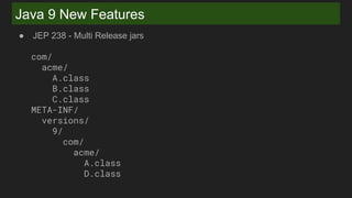 Java 9 New Features
● JEP 238 - Multi Release jars
com/
acme/
A.class
B.class
C.class
META-INF/
versions/
9/
com/
acme/
A.class
D.class
 