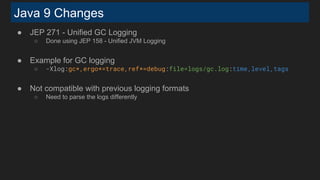 Java 9 Changes
● JEP 271 - Unified GC Logging
○ Done using JEP 158 - Unified JVM Logging
● Example for GC logging
○ -Xlog:gc*,ergo*=trace,ref*=debug:file=logs/gc.log:time,level,tags
● Not compatible with previous logging formats
○ Need to parse the logs differently
 