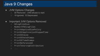 Java 9 Changes
● JVM Options Changes
○ 50 Removed - JVM refuses to start
○ 18 Ignored, 12 Deprecated
● Important JVM Options Removed
○ GCLogFileSize
○ NumberOfGCLogFiles
○ PrintAdaptiveSizePolicy
○ PrintGCApplicationStoppedTime
○ PrintGCCause
○ PrintGCDateStamps
○ PrintGCTimeStamps
○ PrintReferenceGC
○ PrintTenuringDistribution
○ ...
 