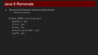 Java 9 Removals
● Removed Extension Directory Mechanism
○ Moved to modules
$JAVA_HOME/jre/lib/ext
nashorn.jar
jfxrt.jar
sunec.jar
sunjce_provider.jar
zipfs.jar
...
 