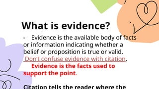 What is evidence?
- Evidence is the available body of facts
or information indicating whether a
belief or proposition is true or valid.
Don’t confuse evidence with citation.
Evidence is the facts used to
support the point.
 