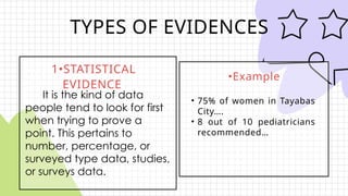 TYPES OF EVIDENCES
1•STATISTICAL
EVIDENCE
•Example
• 75% of women in Tayabas
City….
• 8 out of 10 pediatricians
recommended…
It is the kind of data
people tend to look for first
when trying to prove a
point. This pertains to
number, percentage, or
surveyed type data, studies,
or surveys data.
 