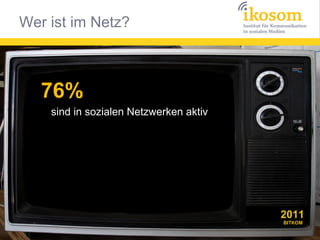 Wer ist im Netz?



   76%
    sind in sozialen Netzwerken aktiv




                                        2011
                                        BITKOM
 