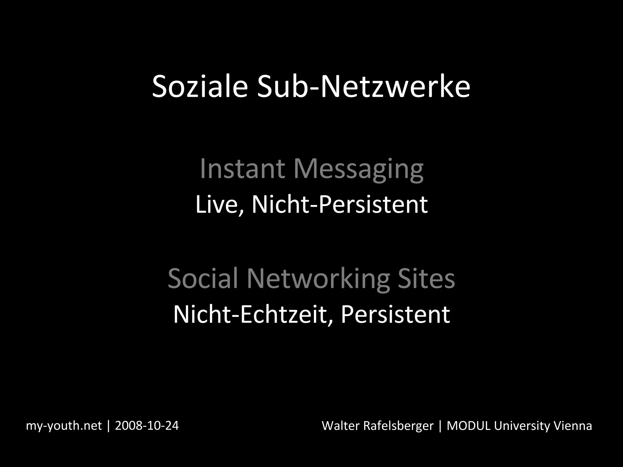 Soziale Sub-Netzwerke Instant Messaging Live, Nicht-Persistent Social Networking Sites Nicht-Echtzeit, Persistent my-youth.net | 2008-10-24 Walter Rafelsberger | MODUL University Vienna 