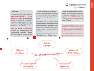WERTE
                                                                                                                                   age.
                                                                                                              Für Unternehmercour
  WERTE                                       wägen von Chancen und Risiken,             etwa von purem Gewinnstreben
                                           eine vertrauensvolle Zusammenarbeit        geprägt sein sollte, sondern vielmehr
JugendUnternimmt macht sich für ein        mit seinem Umfeld und gesellschaft-        von sozialer, wirtschaftlicher und öko-
VERANTWORTUNGSVOLLES UNTER-                liche Verantwortung eng zusammen-          logischer NACHHALTIGKEIT, die die
NEHMERTUM stark. Heranwachsende            wirken.                                    Grundlage unserer sozialen Marktwirt-
werden an das Thema herangeführt                                                      schaft darstellen.
und dafür sensibilisiert, dass zu Unter-   Dazu gehört auch die Einsicht, dass es
nehmertum mehr gehört, als lediglich       im unternehmerischen Handeln immer
den Gewinn zu maximieren.                  wieder Rückschläge geben kann. Diese          „Unternehmercourage wecken und
                                                                                      fördern! Das ist die Aufgabe, der wir uns
                                           sollten nicht ent-, sondern vielmehr er-
                                                                                      verschrieben haben. Deshalb unterstützen
Unter dem Begriff UNTERNEHMER-             mutigen, aus den gemachten Fehlern         wir nach Kräften den Schülerwettbewerb Ju-
COURAGE wird Schülern gezeigt, wie         zu lernen.                                 gendUnternimmt.“
Eigeninitiative entwickelt werden
kann, und dass ein sorgfältiges Ab-        JugendUnternimmt zeigt auf, dass un-       John C. Kornblum, Mitglied im Vorstand der
                                             ternehmerisches Handeln nicht             Internationalen Martin Luther Stiftung
 