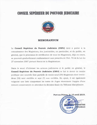 Décision du Conseil Supérieur du Pouvoir Judiciaire d'Haiti: 32 Juges certifies, 7 non certifie et 5 mis en disponibilité