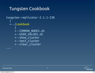 ©Continuent 2013
Tungsten Cookbook
tungsten-replicator-2.1.1-230
|
+--/cookbook
|
+--COMMON_NODES.sh
+--USER_VALUES.sh
+--show_cluster
+--test_cluster
+--clear_cluster
...
55
55Sunday, September 22, 13
 