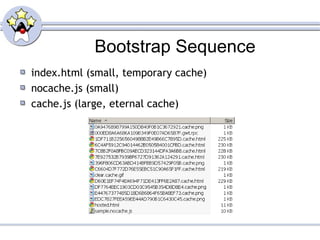 Bootstrap Sequence
index.html (small, temporary cache)
nocache.js (small)
cache.js (large, eternal cache)
 