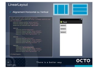LinearLayout

        !   Alignement Horizontal ou Vertical

        <?xml version="1.0" encoding="utf-8"?>	
        <LinearLayout xmlns:android="http://schemas.android.com/
        apk/res/android"	
            android:layout_width="match_parent"	
            android:layout_height="match_parent"	
            android:orientation="vertical" >	

            <Button	
                android:id="@+id/button1"	
                android:layout_width="wrap_content"	
                android:layout_height="wrap_content"	
                android:text="@string/button1" />	

            <Button	
                android:id="@+id/button2"	
                android:layout_width="wrap_content"	
                android:layout_height="wrap_content"	
                android:text="@string/button1" />	

            <Button	
                android:id="@+id/button3"	
                android:layout_width="wrap_content"	
                android:layout_height="wrap_content"	
                android:text="@string/button1" />	

        </LinearLayout>	





25	


© OCTO 2012
 