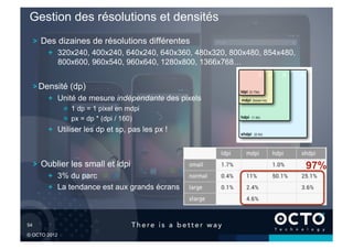 Gestion des résolutions et densités
   !   Des dizaines de résolutions différentes
        !   320x240, 400x240, 640x240, 640x360, 480x320, 800x480, 854x480,
            800x600, 960x540, 960x640, 1280x800, 1366x768…
                                                                3 4
                                                                 	

 	

   6	

   8
   !  Densité (dp)
        !   Unité de mesure indépendante des pixels
              !   1 dp = 1 pixel en mdpi
              !   px = dp * (dpi / 160)
        !   Utiliser les dp et sp, pas les px !



   !   Oublier les small et ldpi                                                      97%
        !   3% du parc
        !   La tendance est aux grands écrans



54	


© OCTO 2012
 