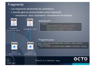 Fragments
   !   Les fragments deviennent les contrôleurs
   !   L’activité gère la communication entre fragments
        !   transactions : ajout, suppression, remplacement de fragment

                                   !  activity.xml :
                                       <fragment 	
                                               android:name="path.to.source.Fragment" 	
                                               android:id="@+id/fragment_main_list"	
  Fragment!        Fragment.java!              android:layout_width="fill_parent"	
Activity.java
            !                                  android:layout_height="fill_parent" />	




                                   !  Fragment.java :	

                                    public View onCreateView(Inflater inflater, View container,
                                    Bundle bundle) {	
                                         return inflater.inflate(R.layout.fragment, container, false);	
                                    }	



      layout/         layout/
    activity.xml
               !    fragment.xml
                               !



58	


© OCTO 2012
 
