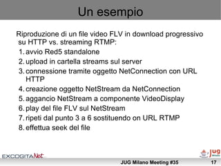 Un esempio
Riproduzione di un file video FLV in download progressivo
su HTTP vs. streaming RTMP:
1. avvio Red5 standalone
...