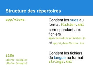 Structure des répertoires
app/views           Contient les vues au
                    format fichier.xml
                    correspondant aux
                    fichiers
                    app/controllers/fichier.js

                    et app/styles/fichier.tss

                    Contient les fichiers
i18n
i18n/fr (exemple)
                    de langue au format
i18n/en (exemple)
                    strings.xml
 