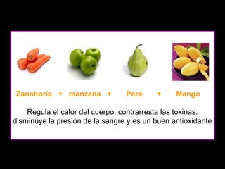 Zanahoria + manzana +

Pera

+

Mango

Regula el calor del cuerpo, contrarresta las toxinas,
disminuye la presión de la sangre y es un buen antioxidante

 