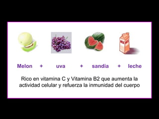 Melon

+

uva

+

sandia

+

leche

Rico en vitamina C y Vitamina B2 que aumenta la
actividad celular y refuerza la inmunidad del cuerpo

 