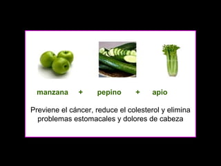 manzana

+

pepino

+

apio

Previene el cáncer, reduce el colesterol y elimina
problemas estomacales y dolores de cabeza

 