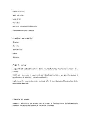 Puesto: Contador
Sexo: Indistinto
Edad: 30-50
Clave: Xwv
Ubicación administrativa: Contador
Ámbito de operación: Finanzas
Relaciones de autoridad
-Director
-Gerente
-Contabilidad
-Cajas
-Compras
Perfil del puesto
Asegurar la adecuada administración de los recursos humanos, materiales y financieros de la
entidad.
Establecer y supervisar el seguimiento de indicadores financieros que permitan evaluar el
cumplimiento de objetivos y metas institucionales.
Implementar las acciones de mejora continua, a fin de contribuir con el logro exitoso de los
objetivos de la entidad.
Propósito del puesto
Asegurar y administrar los recursos necesarios para el funcionamiento de la Organización
mediante el diseño y la gestión de las estrategias financieras.
 