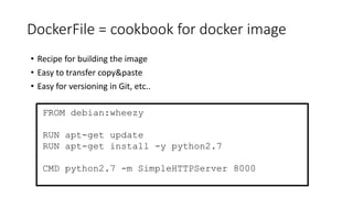 DockerFile = cookbook for docker image
• Recipe for building the image
• Easy to transfer copy&paste
• Easy for versioning in Git, etc..
FROM debian:wheezy
RUN apt-get update
RUN apt-get install -y python2.7
CMD python2.7 -m SimpleHTTPServer 8000
 