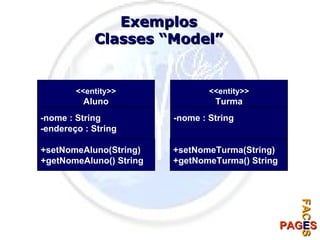 Exemplos Classes “Model” <<entity>> Aluno -nome : String -endereço : String +setNomeAluno(String) +getNomeAluno() String <<entity>> Turma -nome : String +setNomeTurma(String) +getNomeTurma() String 