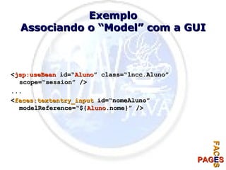 Exemplo Associando o “Model” com a GUI < jsp:useBean  id=“ Aluno ” class=“lncc.Aluno” scope=“session” /> ... < faces:textentry_input  id=“nomeAluno” modelReference=“${ Aluno .nome}” /> 