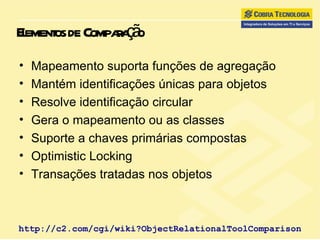 Elementos de Comparação Mapeamento suporta funções de agregação Mantém identificações únicas para objetos Resolve identificação circular Gera o mapeamento ou as classes Suporte a chaves primárias compostas Optimistic Locking Transações tratadas nos objetos http://c2.com/cgi/wiki?ObjectRelationalToolComparison 