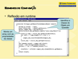 Elementos de Comparação Reflexão em runtime Identifica a Classe do Objeto em Questão Monta um array com as propriedades da classe 