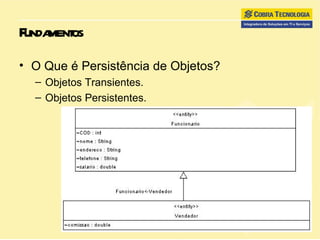 Fundamentos O Que é Persistência de Objetos? Objetos Transientes. Objetos Persistentes. 