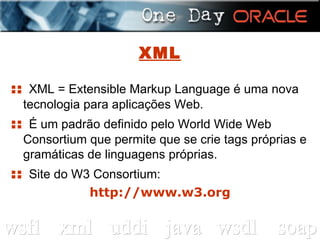 XML ::  XML = Extensible Markup Language é uma nova tecnologia para aplicações Web. ::  É um padrão definido pelo World Wide Web Consortium que permite que se crie tags próprias e gramáticas de linguagens próprias. ::  Site do W3 Consortium: http://www.w3.org 