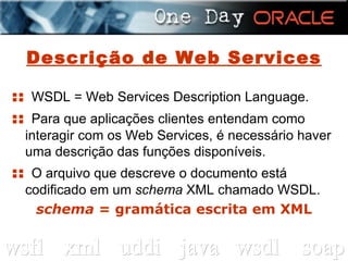 Descrição de Web Services ::  WSDL = Web Services Description Language. ::  Para que aplicações clientes entendam como interagir com os Web Services, é necessário haver uma descrição das funções disponíveis. ::  O arquivo que descreve o documento está codificado em um  schema  XML chamado WSDL. schema  = gramática escrita em XML 