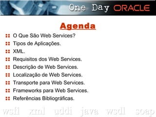 Agenda ::  O Que São Web Services? ::  Tipos de Aplicações. ::  XML. ::  Requisitos dos Web Services. ::  Descrição de Web Services. ::  Localização de Web Services. ::  Transporte para Web Services. ::  Frameworks para Web Services. ::  Referências Bibliográficas. 