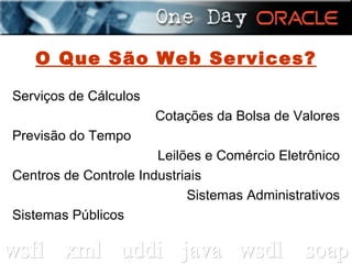 O Que São Web Services? Serviços de Cálculos Cotações da Bolsa de Valores Previsão do Tempo Leilões e Comércio Eletrônico Centros de Controle Industriais Sistemas Administrativos Sistemas Públicos 