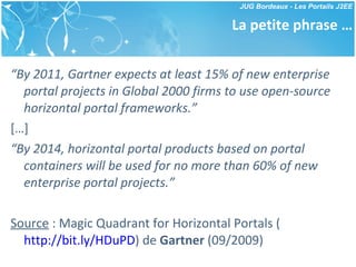 La petite phrase … “ By 2011, Gartner expects at least 15% of new enterprise portal projects in Global 2000 firms to use open-source horizontal portal frameworks.” […] “ By 2014, horizontal portal products based on portal containers will be used for no more than 60% of new enterprise portal projects.” Source  : Magic Quadrant for Horizontal Portals ( http://bit.ly/HDuPD ) de  Gartner  (09/2009) 