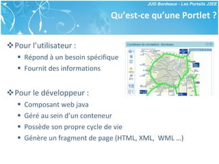 Qu’est-ce qu’une Portlet ? Pour l’utilisateur : Répond à un besoin spécifique Fournit des informations Pour le développeur : Composant web java Géré au sein d’un conteneur Possède son propre cycle de vie  Génère un fragment de page (HTML, XML,  WML …) 