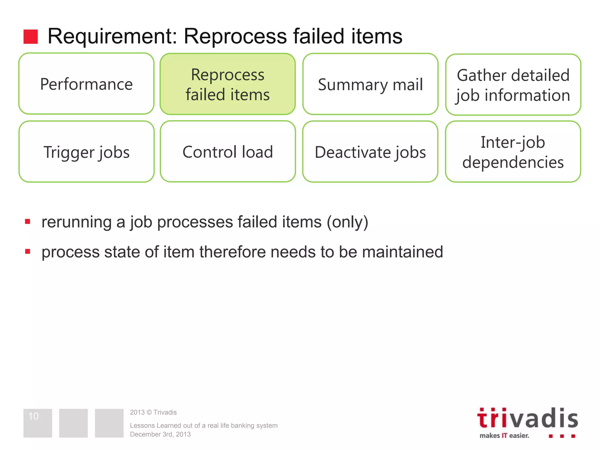 Requirement: Reprocess failed items
Performance

Reprocess
failed items

Summary mail

Gather detailed
job information

Trigger jobs

Control load

Deactivate jobs

Inter-job
dependencies

 rerunning a job processes failed items (only)
 process state of item therefore needs to be maintained

10

2013 © Trivadis
Lessons Learned out of a real life banking system
December 3rd, 2013

 