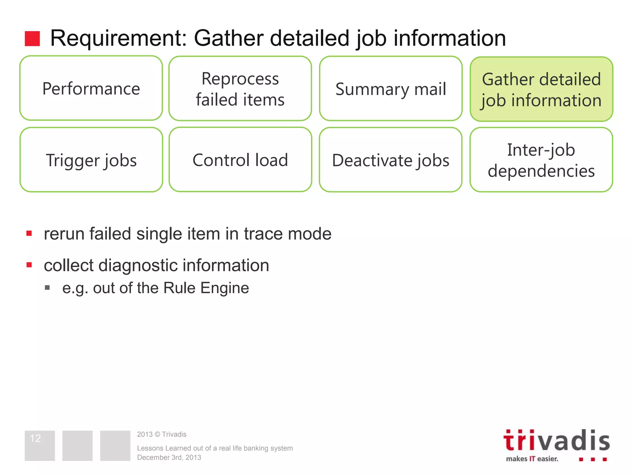 Requirement: Gather detailed job information
Performance

Reprocess
failed items

Summary mail

Gather detailed
job information

Trigger jobs

Control load

Deactivate jobs

Inter-job
dependencies

 rerun failed single item in trace mode
 collect diagnostic information
 e.g. out of the Rule Engine

12

2013 © Trivadis
Lessons Learned out of a real life banking system
December 3rd, 2013

 
