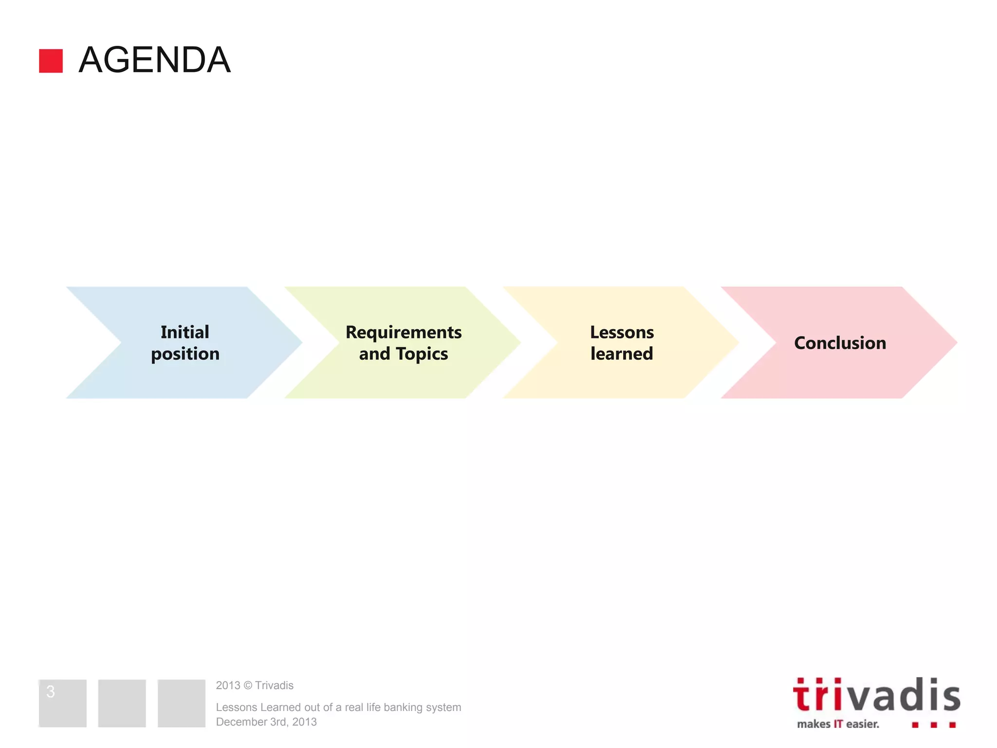 AGENDA

Initial
position

3

Requirements
and Topics

2013 © Trivadis
Lessons Learned out of a real life banking system
December 3rd, 2013

Lessons
learned

Conclusion

 