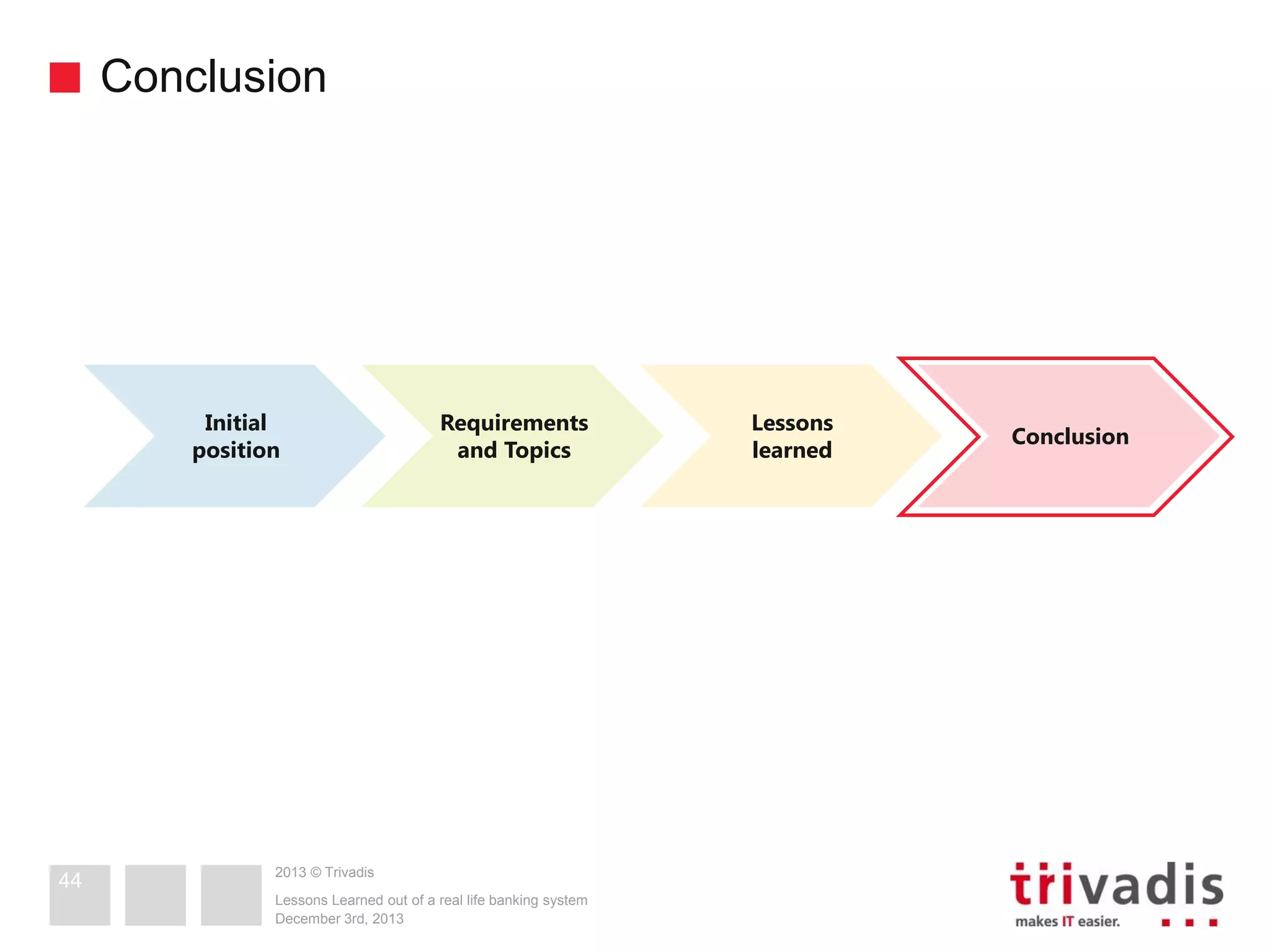 Conclusion

Initial
position

44

Requirements
and Topics

2013 © Trivadis
Lessons Learned out of a real life banking system
December 3rd, 2013

Lessons
learned

Conclusion

 