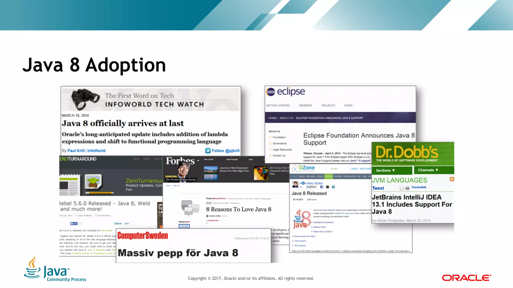 Copyright © 2017, Oracle and/or its affiliates. All rights reserved. |Copyright © 2017, Oracle and/or its affiliates. All rights reserved.
Java 8 Adoption
 