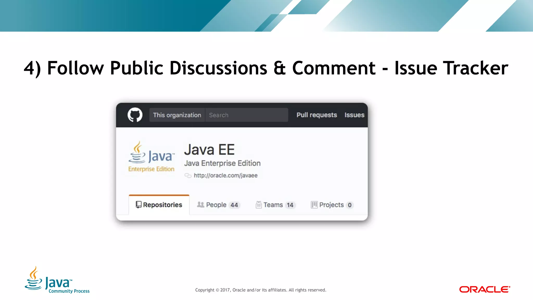 Copyright © 2017, Oracle and/or its affiliates. All rights reserved. |Copyright © 2017, Oracle and/or its affiliates. All rights reserved.
4) Follow Public Discussions & Comment - Issue Tracker
 