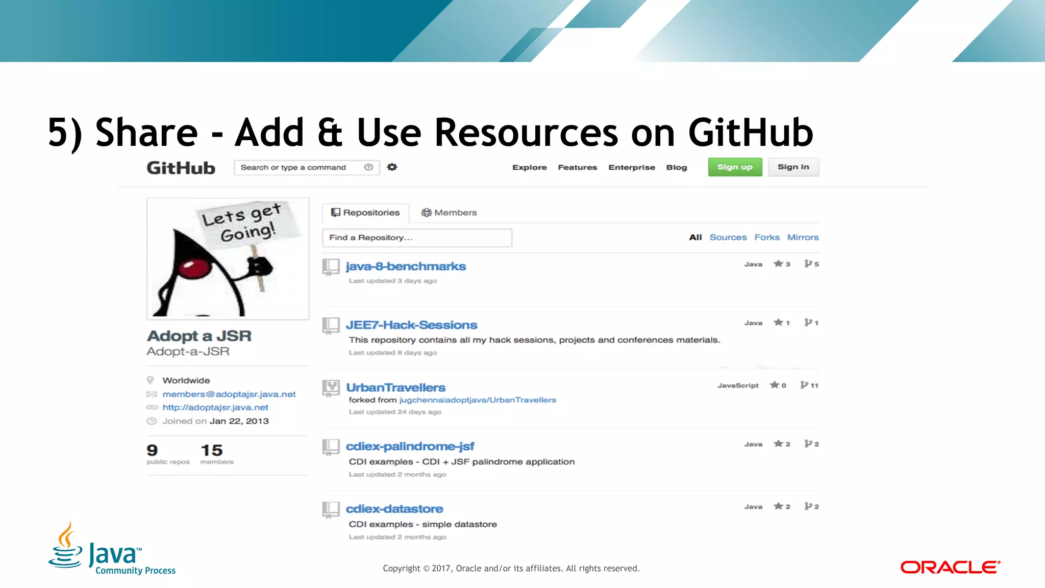 Copyright © 2017, Oracle and/or its affiliates. All rights reserved. |Copyright © 2017, Oracle and/or its affiliates. All rights reserved.
5) Share - Add & Use Resources on GitHub
 