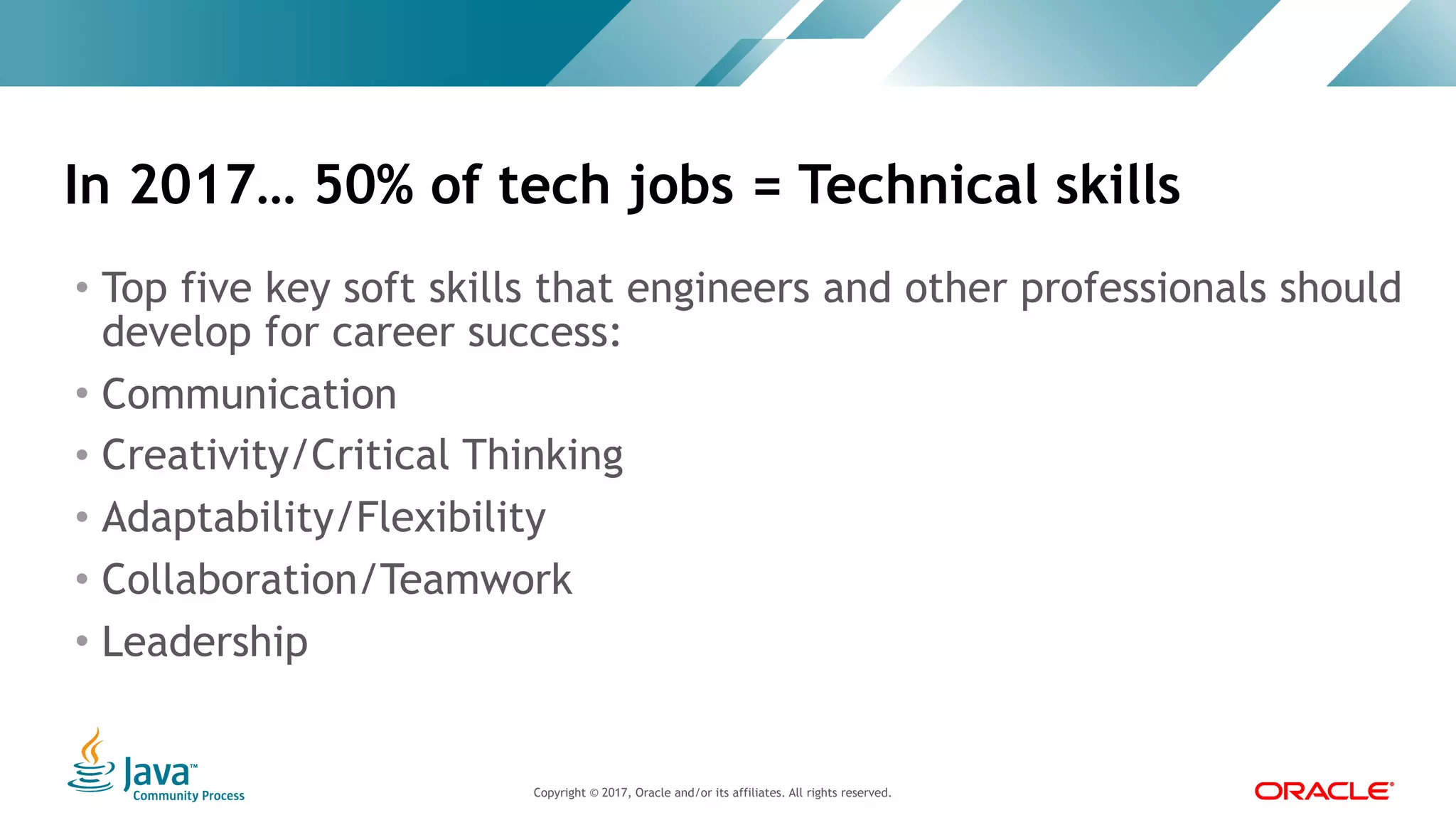 Copyright © 2017, Oracle and/or its affiliates. All rights reserved. |Copyright © 2017, Oracle and/or its affiliates. All rights reserved.
• Top five key soft skills that engineers and other professionals should
develop for career success:
• Communication
• Creativity/Critical Thinking
• Adaptability/Flexibility
• Collaboration/Teamwork
• Leadership
In 2017… 50% of tech jobs = Technical skills
 