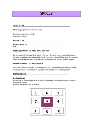 SKULLY
ABANS DEL JOC_____________________________________________________
Material: guix per marcar el tauler i xapes
Nombre de jugadors: mínim 2.
Intensitat: mitjana.
DURANT EL JOC_____________________________________________________
DISPOSICIÓ INICIAL
Cap.
DESENVOLUPAMENT PER A MÉS D’UNA PERSONA.
Cal completar el recorregut de la casella 1 fins a la 9 de manera que el nostre objectiu és
introduir la xapa dins la casella de cada nombre per ordre nominal. El qui cau a dins la casella
que li toca torna a tirar, però si no hi entrem hem de deixar el torn per un altre jugador.
DESENVOLUPAMENT PER A UN JUGADOR
Amb un màxim de deu tirades es tracta de veure fins a quin nombre som capaços d’arribar.
Aquesta puntuació s’apunta en un paper per poder comparar amb altres jugadors.
DESPRÉS DEL JOC___________________________________________________
OBSERVACIONS
El tauler de joc és un quadrat gran on dins hi ha 9 quadrats amb un per nombre i espais en
blanc entre caselles.
És un joc d’origen britànic de bodega
1 6 2
7 9 4
3 5 8
 
