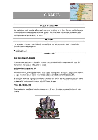 CIDADES
DE QUÈ EL CONEIXEM?
Joc tradicional molt popular a Portugal i que hem localitzat en el llibre “juegos multiculturales:
225 juegos tradicionales para un mundo global”.Nosaltres hem fet una versió una miqueta
més senzilla que la que explica el llibre.
MATERIAL
Un tauler en forma rectangular i amb quatre forats, un per cantonada i dos forats al mig.
6 xapes o caniques per parella
A partir de 8 anys
COM S’HI JUGA?
DISPOSICIÓ INICIAL DEL JOC
Ens posem per parelles. El llançador es posa a un metre del tauler o es posa en la zona de
llançament marcada en el tauler si és el cas.
DESENVOLUPAMENT DEL JOC
Alternativament, cada jugador llença les 3 xapes ( cada parella en juga 6). Els jugadors llencen
la xapa intentant posar-la dins el cercle de cada extrem de tauler on hi posa ciutat.
Si en algún moment, algun jugador llença una xapa als cercles del mig (capitals), aquest retira
una xapa del equip oponent d’una cuitat i hi posa la seva.
FINAL DEL JOCDEL JOC
Guanya aquella parella de jugadors que després de les 6 tirades aconsegueixin obtenir més
ciutats.
 