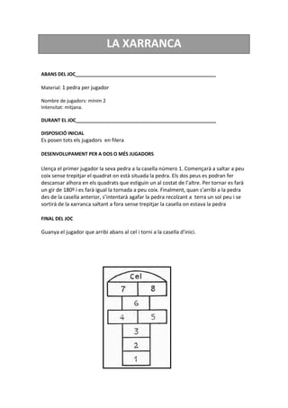 LA XARRANCA
ABANS DEL JOC_____________________________________________________
Material: 1 pedra per jugador
Nombre de jugadors: mínim 2
Intensitat: mitjana.
DURANT EL JOC_____________________________________________________
DISPOSICIÓ INICIAL
Es posen tots els jugadors en filera
DESENVOLUPAMENT PER A DOS O MÉS JUGADORS
Llença el primer jugador la seva pedra a la casella número 1. Començarà a saltar a peu
coix sense trepitjar el quadrat on està situada la pedra. Els dos peus es podran fer
descansar alhora en els quadrats que estiguin un al costat de l’altre. Per tornar es farà
un gir de 180º i es farà igual la tornada a peu coix. Finalment, quan s’arribi a la pedra
des de la casella anterior, s’intentarà agafar la pedra recolzant a terra un sol peu i se
sortirà de la xarranca saltant a fora sense trepitjar la casella on estava la pedra
FINAL DEL JOC
Guanya el jugador que arribi abans al cel i torni a la casella d’inici.
 